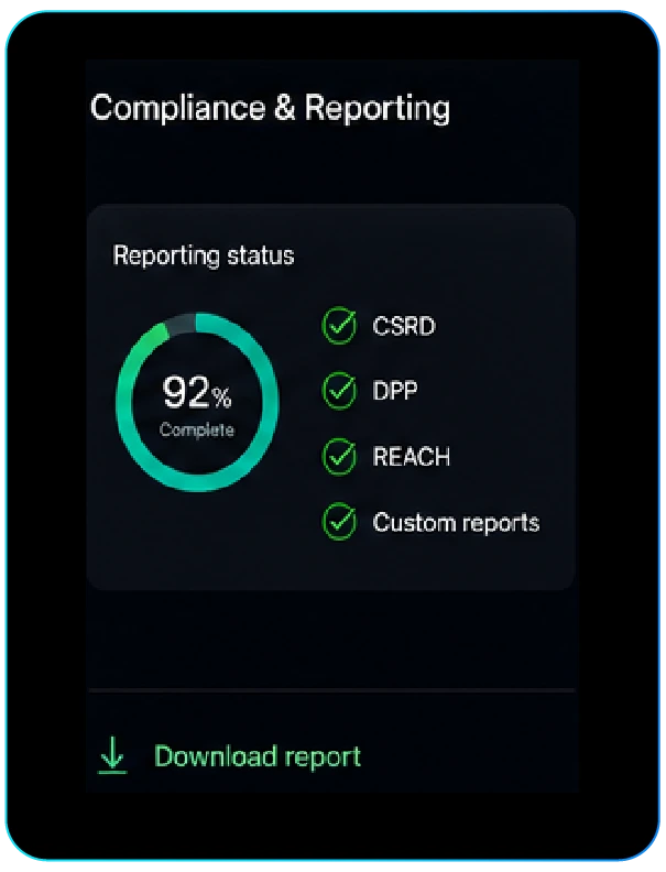 Compliance and Reporting example showing reporting progress and report download.